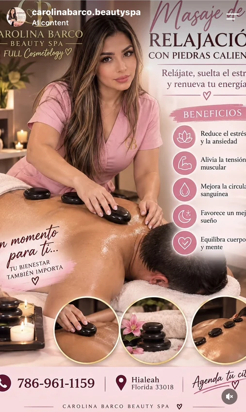 Carolina realizando masaje con piedras calientes